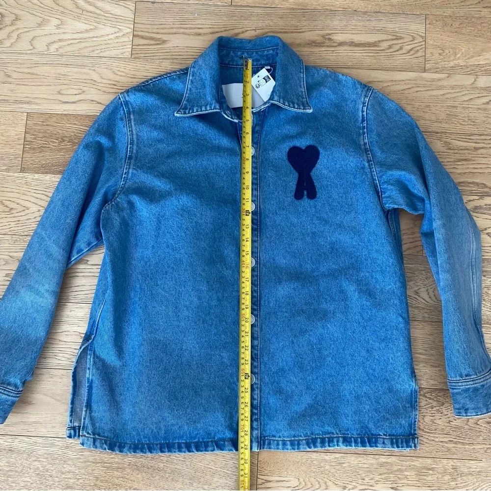 Ami Paris Coeur Denim Overshirt Button Down Shirt Oversized Heart Blue Jean M - Picture 14 of 15